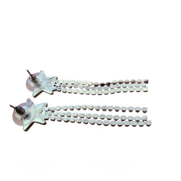 Red Star Rhinestone Silver Toned Dangle Earrings Vintage 90s Patriotic   J2-X1 - Picture 3 of 4